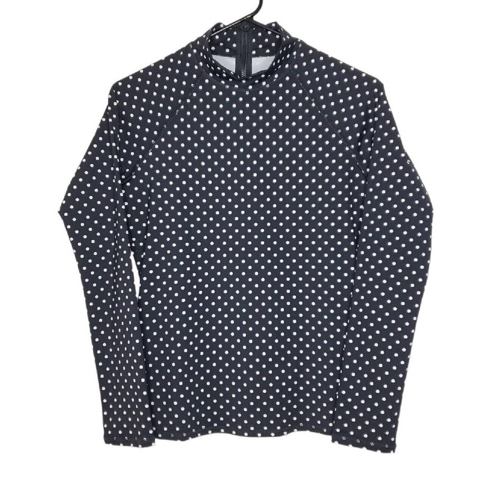 Garnet Hill Womns Sz S Black Polka Dot Swim Rash Guard Zip Back Long Sleeve Top